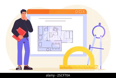 Architect at workplace. Man with blueprint. Architecture and Engineering, construction. Young guy planning building layout. Room design. Worker and Stock Vector