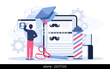 Barber online concept. Man with scissors near moustaches. Beauty and aesthetics. Hairdresser choosing beards. Barbershop on internet. Trendy facial Stock Vector