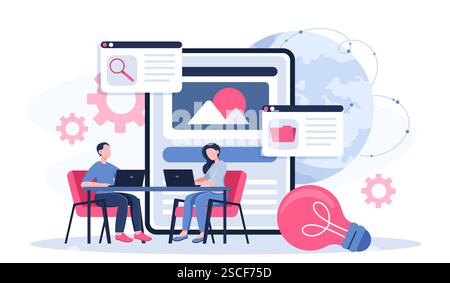 Business team work together. Colleagues and partners working on common project. Collaboration and cooperation. Discussion and brainstorming in office Stock Vector