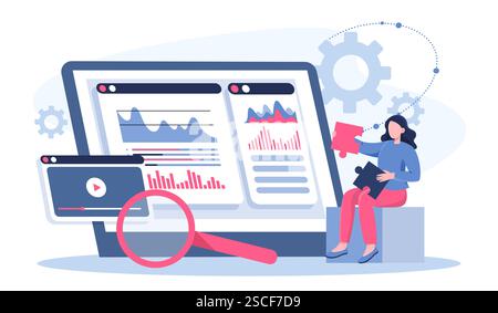 Competitor analysis online. Woman with magnifying glass analyzes graphs and diagrams. Statistics and infographics, data visualization. Analyst with Stock Vector