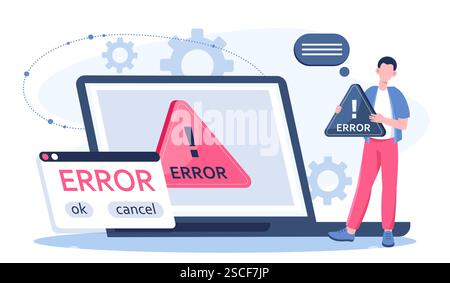 Error message on laptop. Computer outage. Issue and technical problems. Errors in code. Programmer and IT specialist, system administrator with Stock Vector