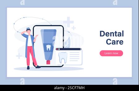 Dental care poster. Man in medical uniform with large toothpaste. Oral hygiene and treatment. Healthcare and medicine. Dentistry and stomatology Stock Vector