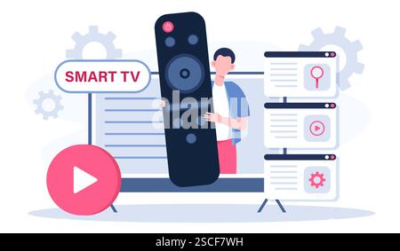 Man with smart tv. Young guy with huge remote control on TV screen. Television and multimedia, broadcast. Fun and entertainment. Home cinema box. Flat Stock Vector