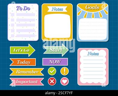 Planner elements set. To do list and planner. Memo and notepad, notebook list. School and office stationery. Pack of stickers. Flat vector collection Stock Vector