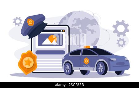 Policeman online concept. Policeman hat, gold badge and police car. Investigating crimes and combating dangers on Internet. Safety and protection Stock Vector