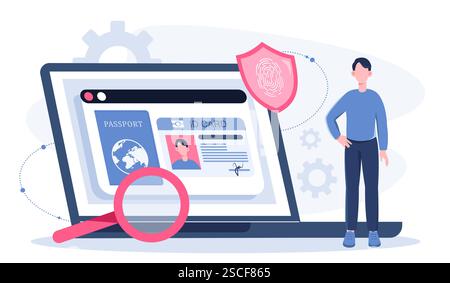 Smart id card. Man near magnifying glass and laptop with document. Personal identification card. Young guy with driver license. Identity verification Stock Vector