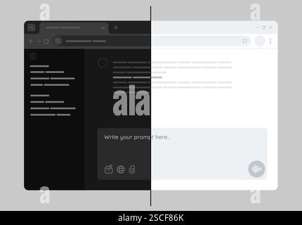 dark mode and light mode user interface design in a web browser page desktop application mockup wireframe Stock Vector