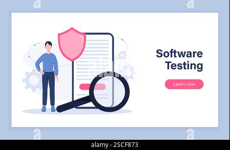 Software testing concept. Man with magnifying glass near smartphone with code. Programmer and IT specialist develops programs and applications Stock Vector
