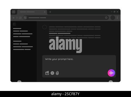 user interface of AI chat bot large language model service LLM artificial intelligence in dark mode web browser page form to ask question Stock Vector