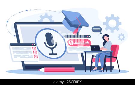 Voice controlled assistant. Woman with laptop types using her voice. Neural network, artificial intelligence and machine learning. Virtual helper Stock Vector
