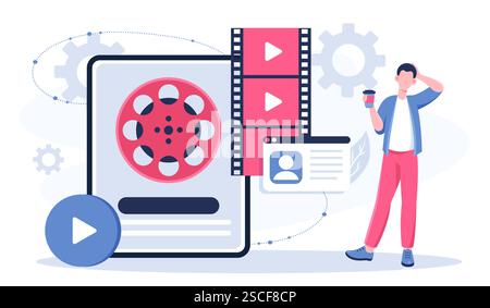 Videographer online service. Man with coffee near smartphone and film reel. Cinematography and film making. Series and cinema. Content creating. Flat Stock Vector