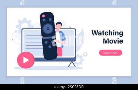 Watching movie poster. Man with large remote controller on TV screen. Film industry, tv series and movies. Fun and entertainment. Landing webpage Stock Vector