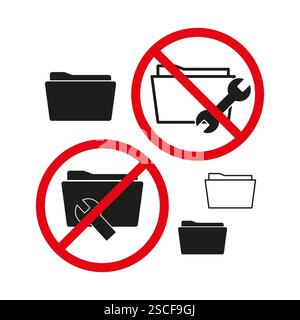 Prohibited folder icon. Wrench restriction symbol. No access warning. Red circle prohibition. Stock Vector