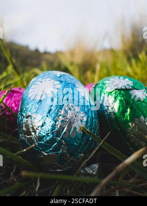 Low angle close up view of a tin foil wrapped chocolate easter egg outdoors in grass Stock Photo