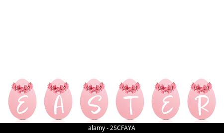 Row of pink Easter eggs with flower blossom crowns and word Easter isolated with copy space Stock Photo