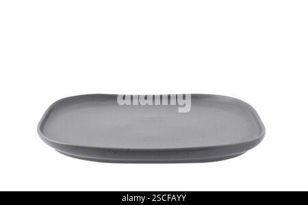 Empty gray square stoneware dinner plate isolated cutout front view on white Stock Photo