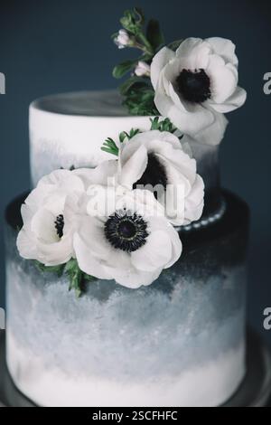 A beautifully crafted two-tier cake features a smooth gradient from dark to light, accented with delicate white flowers. Ideal for weddings or special Stock Photo