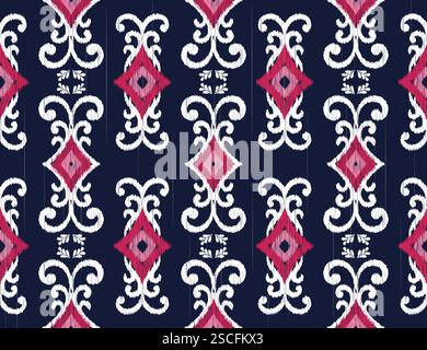 White and pink ikat seamless pattern on dark blue background, designed for fabric prints, garment decorations, wallpaper, wrapping paper, and other pr Stock Vector