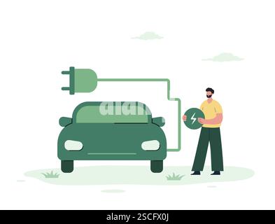Sustainability concept. Electric car. CO2 neutral. Green energy and environmental responsibility. Net zero. Vector illustration in flat cartoon style Stock Vector