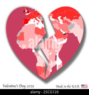 Valentine's Day 2025 card made in the USA with flag and broken heart with map of Africa. The U.S. government is shutting down USAID. Stock Photo