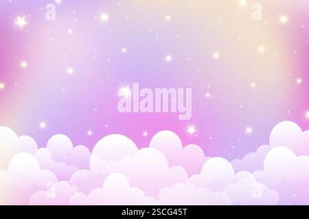 Cloudy sky background with cute stars. Magic pink pastel abstract landscape. Dreamy girly vector abstract backdrop. Cartoon soft gradient wallpaper Stock Vector