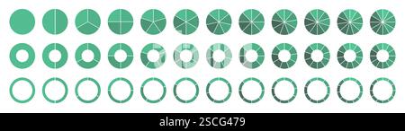 Circle pie chart diagram. 2,3,4,5,6,7,8,9,10,11,12 sections or steps. Flat process cycle. Progress sectors. Stock Vector