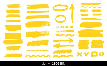Hand-drawn Yellow Highlighter Marks, Underlines, Arrows, and Shapes. Vector Set for Notes, Highlights, and Designs Stock Vector