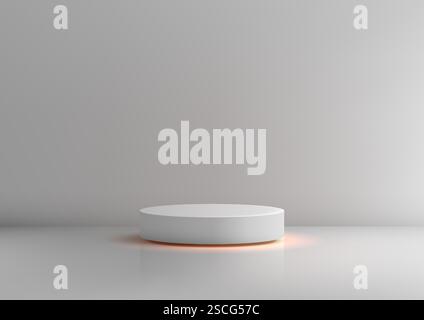 Minimalist 3d design featuring a white cylindrical pedestal on a soft grey backdrop, enhanced by a warm orange glow and clean lines, perfect for produ Stock Vector