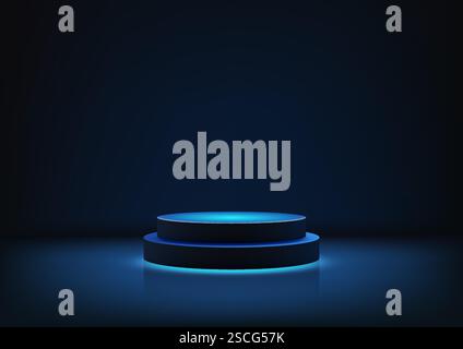 3D futuristic glowing blue circular platform or podium with vibrant light reflections, showcasing modern technology and minimalist design in a sleek, Stock Vector