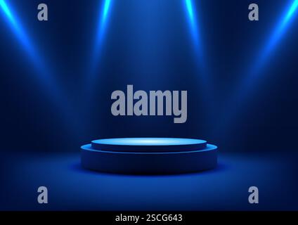 modern technology 3d circular podium illuminated by blue spotlights, perfect for award ceremonies, product showcases, or futuristic presentations in a Stock Vector