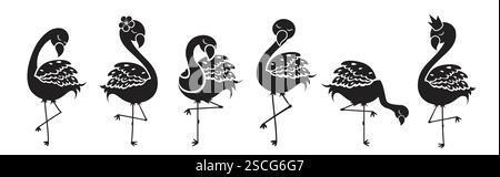 Flamingo silhouette drawing clipart set. Summer flamingo clipart collection for logo and symbol bird icon elements vector illustration. Stock Vector