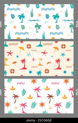 Summer seamless pattern clipart banner set. Summer wallpaper continuous decoration clip art with beach elements for holiday season vector illustration Stock Vector