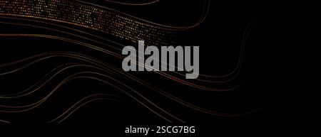 Golden curved wavy lines and dots abstract tech futuristic background. Vector luxury banner design Stock Vector