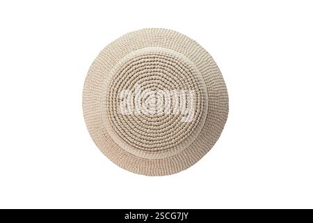 A beige isolated hat made of raffia on a white background. Hats mockup, no brand, top view presentation Stock Photo