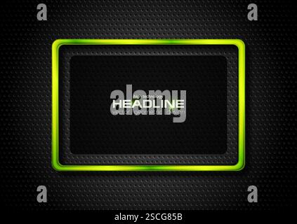 Black perforated background with green glossy rectangle frame. Geometric tech vector design Stock Vector