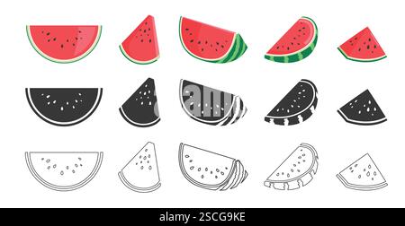 Watermelon fruit icon clipart set. Water melon clipart symbol, silhouette, outline and hand drawn graphic collection elements tropical fruits vector Stock Vector