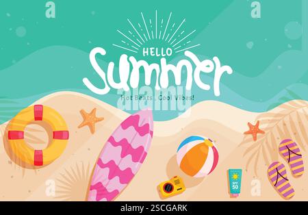 Hello summer beach clipart design. Summer text in seaside beach top view clip art for outdoor vacation holiday with tropical elements vector Stock Vector