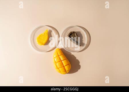 Two cosmetic smudges of body scrub and a natural mango soap lying on a beige background Stock Photo