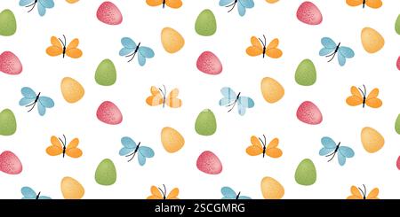 Seamless pattern with colorful Easter eggs and butterflies on a white background. Spring holiday design for textile, wallpaper, wrapping paper, and gr Stock Vector