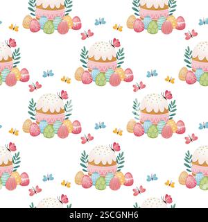 Seamless pattern with traditional Easter cake, colorful eggs, and butterflies on a white background. Easter holiday celebration design for textile, wa Stock Vector