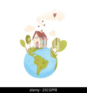 Cute little house on planet earth, ecology, vector illustration. Stock Vector