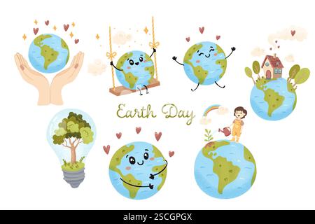 Earth Day set. Cute planet, ecology, vector illustration. Stock Vector