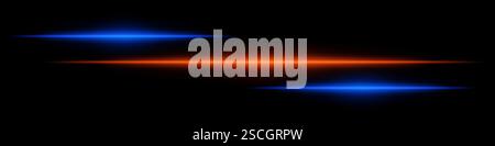 Abstract futuristic background featuring three glowing horizontal light streaks in blue orange against a dark backdrop. The neon effect speed, technol Stock Vector