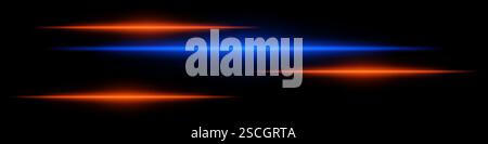 Abstract futuristic background featuring four glowing horizontal light streaks in blue orange against a dark backdrop. The neon effect speed, technolo Stock Vector