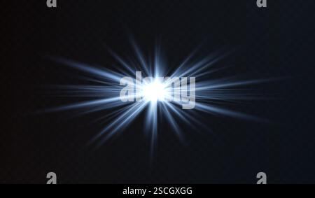 Bright white starburst light effect on a dark background. Radiating beams create a glowing flare, symbolizing energy, illumination, and futuristic des Stock Vector
