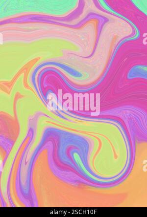 Multicoloured splashes of neon different colours on a vertical backdrop. Green, pink, orange ink paints mixing. Swirls of digital paint or background. Stock Photo