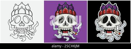 Fig Fruit Inside Skull Head With Smoking Character Cartoon. Black White, Colorful and Sticker Style. For T shirt print, Brand Logo, Label and  product Stock Vector