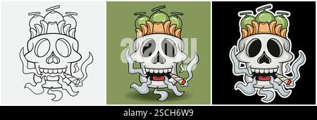 Melon Fruit Inside Skull Head With Smoking Character Cartoon. Black White, Colorful and Sticker Style. For T shirt print, Brand Logo, Label and Mascot Stock Vector