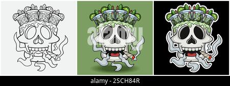Mojito Drink Inside Skull Head With Smoking Character Cartoon. Black White, Colorful and Sticker Style. For T shirt print, Brand Logo, Label and Masco Stock Vector