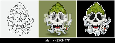 Matcha Powder Inside Skull Head With Smoking Character Cartoon. Black White, Colorful and Sticker Style. For T shirt print, Brand Logo, Label and Masc Stock Vector